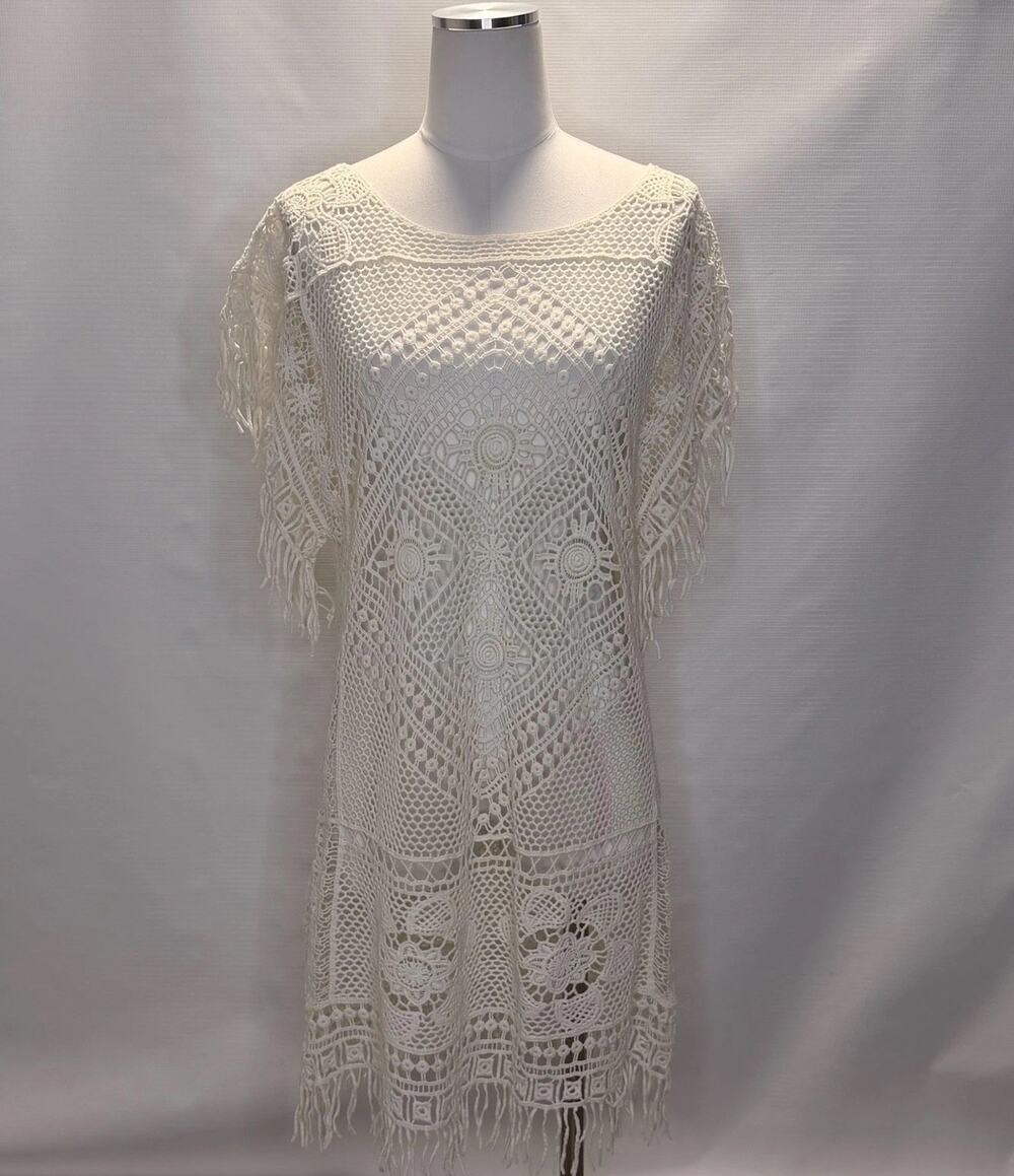 Sundance Dress Womens M/L White Crochet Fringe Shift Boho Lined Beach Cover Up